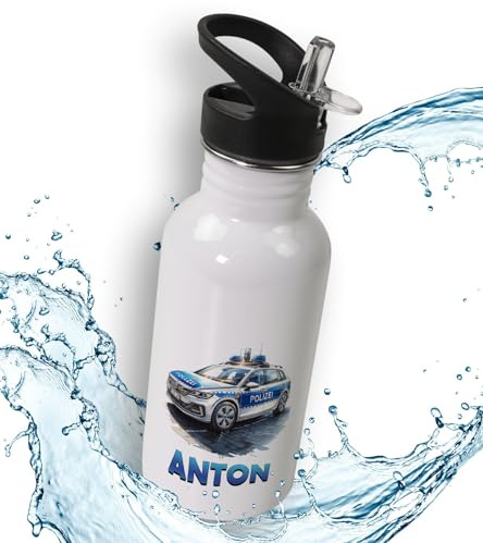 timalo® Trinkflasche für Kinder personalisiert mit Namen | auslaufsichere Edelstahl Sportflasche Kindergarten Schule Geschenk für Jungen und Mädchen 600mL | Polizei Auto