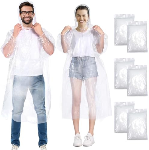 Henrycares Waterproof Rain Ponchos Adult, 6pcs Disposable Clear Raincoats for Women and Men Emergency, 150cm with Hood and Sleeves, for Outdoor Concert, Theme Park, Sports Events, Camping, Hiking
