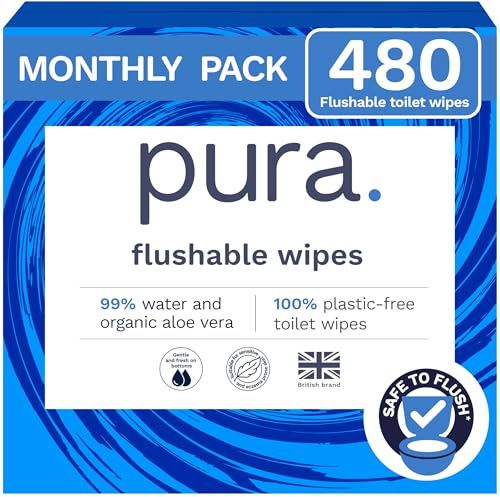 Pura XL Flushable Adult Wipes Unscented, Extra Large Family Wet Wipes with Aloe Vera & 99% Water, Sensitive Skin, 12 Pack of 40 (480 Wipes), Personal Hygiene Toilet