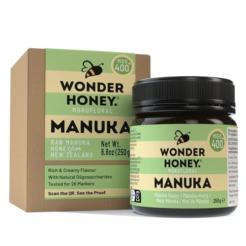 Miel de Manuka Wonder Honey MGO 400+ Certifié (13+) Cru, Non Pasteurisé, Traçable, Non-OGM, Sans Pesticides, Emballé en Nouvelle-Zélande, Pot PET sans BPA | 250g
