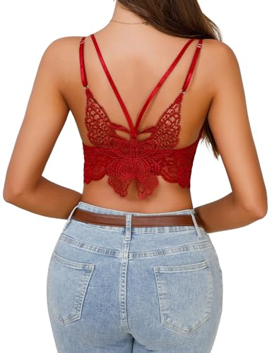 EVELIFE Donne Crop Top Sexy Pizzo Bralette Ragazze Bandeau Ogni Giorno Reggiseno Farfalla Bellezza Indietro Vest Tubo Reggiseni Estate Camisole, Rosso vinaccia, M