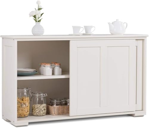 FantASK 107 x 33 x 60 cm skänk, sidoskåp, köksskåp med skjutdörrar i krämvitt, höjdjusterbar hylla