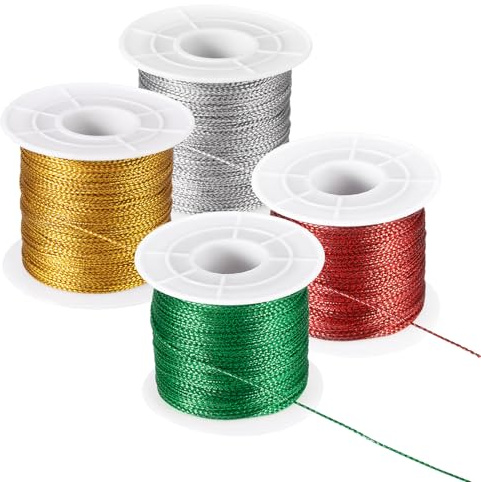 PATIKIL 1312 fot/456 meter metalliskt snöre glitter prydnadssträng, 1 mm etikettsnöre icke-stretch tråd för presentinslagning hantverk smyckestillverkning, guld/silver/röd/grön 4 spole