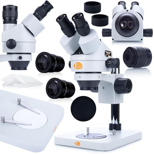 Rosfix Microscopio Trinoculare Mercury Pro MSMP-T-PS1 – Zoom 7x-45x Estendibile, Ottica HD, Testa Girevole 360°, C-Mount | Uso Professionale | Microscopio Stereoscopico