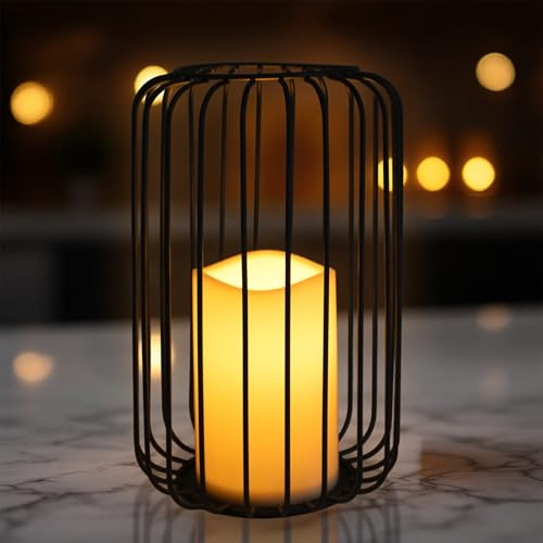 Metall Gitter Windlich - 22 x 14 cm - schwarz mit LED Kerze Tisch Laterne | Tisch Laterne warm weiß beleuchtet, mit Timer, kabellos Batterie betrieben, Tischdeko Zimmer Leuchte Stimmungslicht
