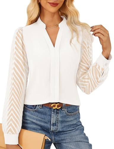 GRACE KARIN Women's Elegant Blouse Textured Semi-Sheer Sleeves Office Work Shirt Classic Henry V Neck Tops