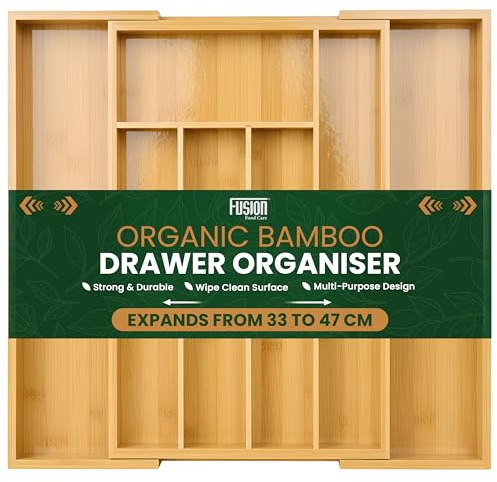 Fusion Food Expandable Bamboo Cutlery Drawer Organiser – 33 to 47 cm Adjustable Kitchen Drawer Divider - Natural Bamboo Utensils Holder & Cutlery Tray Organiser - Durable & Easy to Clean
