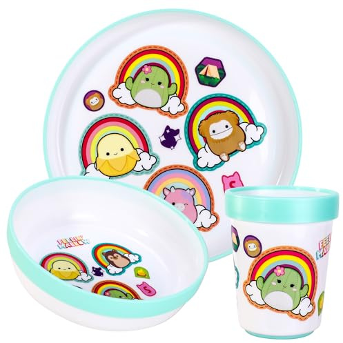 Squishmallows 3pcs Reusable Bicolor Kids Dinner Tableware Set | Premium Plastic Dinnerware Sets Includes Toddler Cups, Plates and Bowls, 100% Safe, BPA Free & Certified Food Safe (US/EU)