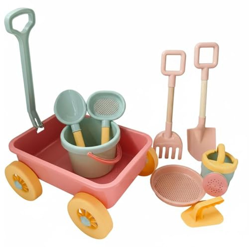 Pegciuho Chariot de Plage Enfants Jouet Chariot Remorque Tiroir Seau Truelle Fonction Sable pour Collecter et Verser Conception Portable avec Poignée Adapté, Rose Sakura