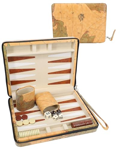 WE Games Travel Backgammon Set - Magnetic Board Game with 30 Chips, 2 Vinyl Dice Cups, 4 Dice & Tan Map Leatherette Case