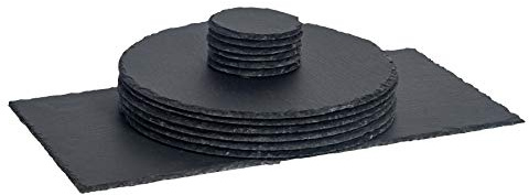 Argon Tableware Round Slate Placemats, Drink Coasters & Platter Set - 13pc - Black Natural Slate Dinnerware Place Settings Dining Mats for Kitchen, Home, Bar, Restaurant, Weddings, Events