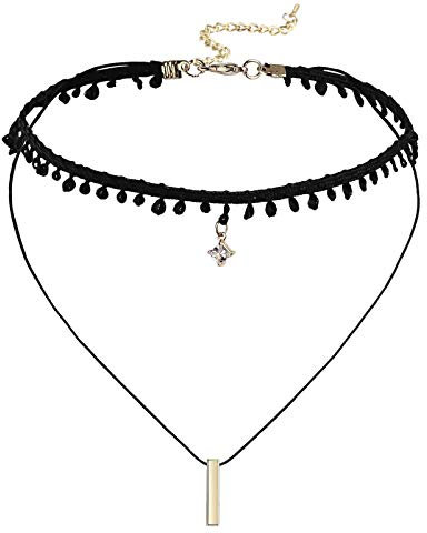 Gualiy Choker Gothic Halsband Damen Einstellbar Samt Doppel Halsband Schnüren Blumen Maskenspiel Kropfband Klassische Damenkette Gold Schwarz mit Zirkonia, 31.8CM