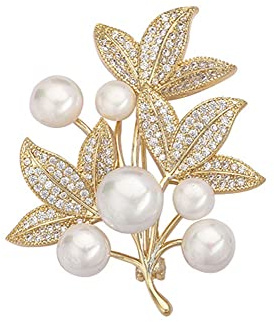 Brosche Frauen mit Weiß Perle Blume u Golden Blatt mit Strass Brustnadel Schmuck Mode Korsage Damen Bekleidung Zubehör Dekorative Schal Clips (Blume-Blatt Brosche)