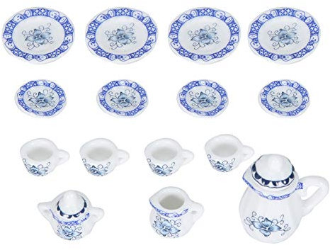 15 piezas escala 1:12 casa de muñecas en miniatura juego de tazas de té de cerámica juego de tazas de tetera accesorios de cerámica para suministros de juguetes para muñecas(Porcelana azul y blanca)