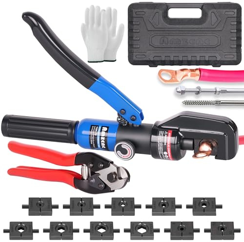 AMZCNC Hydraulic Crimping Tool with 9 American standard cable crimping dies for 12 AWG to 2/0 AWG and 2 Stainless Steel Wire Rope Dies for 1/8 and 5/32, Hydraulic Hand Crimper Tool
