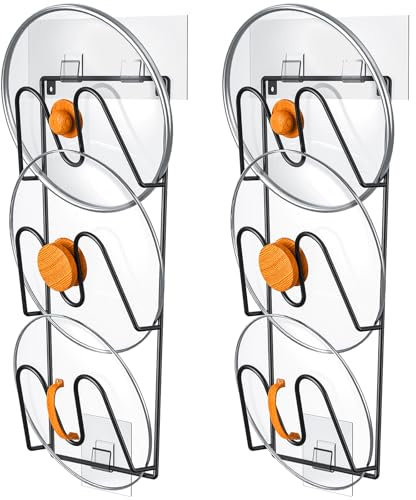 ORLESS 2 Pack Pot Lid Organizer Rack for Cabinet Door, Adhesive Pot Lid Holder Wall Mount, Rustproof Lid Cover for Pots and Pans, Lid Organizer for Kitchen