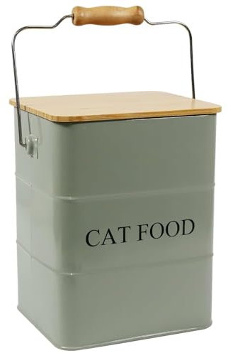 Geyecete Metal Cat Food Container - 6L - Hermetic Boxes for Food and Treat Animals - Wood Lids - Coated Carbon Steel - Cat Food Tray with Handle - Green