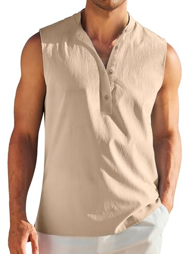 Camiseta de Lino sin Mangas para Hombre - Cuello Alto con Tira de Botones de 1/4, Interior de Verano