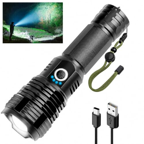 flintronic Lampe Torche LED Ultra Puissante, Lampe Torche LED Rechargeable, Lampe de Poche Zoomable Étanche IPX7, 5 Modes Flashlight, pour Camping, Randonnée Et Urgences