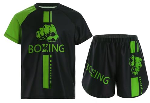 Miutii pojkar muay thai shorts kickboxning korta byxor t-shirt barn boxning kläder kampsport MMA Thai träningsoverall, A grön, 158-164
