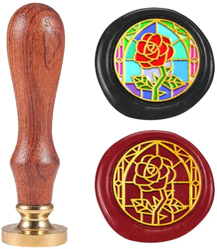 DELORIGIN Siegelstempel Aus Wachs Mit Gebeizten Buntglasrosen 25 Mm Siegelstempel Personalisiert Siegelstempelkopf Aus Messing Mit Holzgriff Siegelwachs Für Den Valentinstag