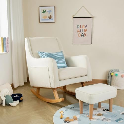 Babymore Ida Nursing Chair with Footstool in Bouclé - Elegant Rocking Chair for Timeless Comfort With Sturdy Wooden Legs, Gentle Rocking Motion, Supportive Back, Soft Fabric & Stylish Armrests