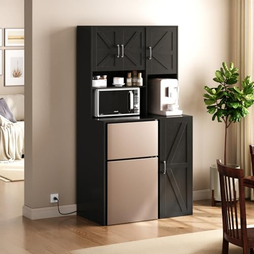 Herture Mini Fridge Cabinet with Storage, Coffee Bar Cabinet with Mini Fridge Space and Outlet, Wine Bar Stand with Microwave Shelf, Beverage Station for Kitchen, Dorm, Office Black KH02MRB
