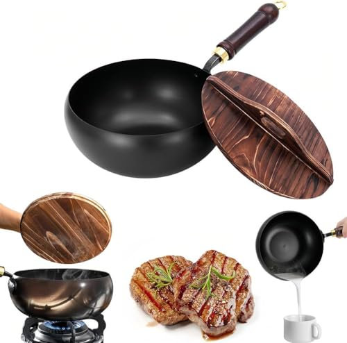 MIDUOLAI Wooden Lid,24cm,Wok Antiadherente, Wok De Hierro Fundido (2025) con Tapa De Madera, SartéN De Hierro Fundido, Sin Recubrimiento QuíMico, Woks Tradicionales De Acero Al Carbono