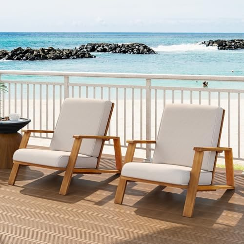 Merax Acacia Wood Outdoor Chaise Lounge Chair Set of 2, Patio Reading Lazy Recliner Sofa Couches Seating with Weather-Resistant Upholstered Cushions for Balcony Outside Pool, Teak+ Beige