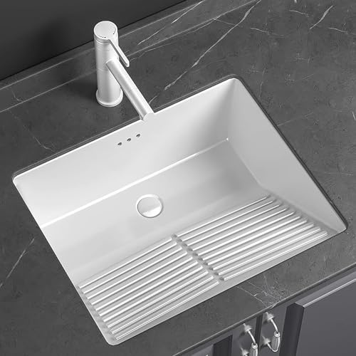 Lavandino Bagno in Ceramica con Asse da Lavaggio, Lavabo Bagno in Sottotop con Troppopieno, Lavatoio Lavanderia, per Lavanderie, Bagni, Balconi, Rubinetto e Set Completo(47x47cm/18.5x18.5in)