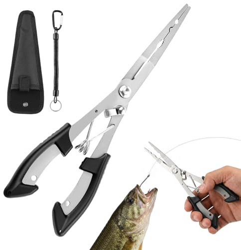 XoeLLe Pince De Pêche 21 cm Retrait D'hameçons Coupe de Fil Ouverture D'anneaux Brisés et Sertissage de Plombs Multifonctionnalité Tout(Pince en Acier Inoxydable × 1, Étui × 1, Cordon de Sécurité × 1)