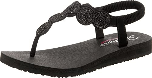 Skechers Zehensteg Flip-Flop Meditation-Stars und Sparkle-Rund-Strasssteine für Damen, Riemchen, Schwarz/Schwarz, 40 EU