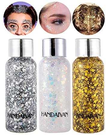 KöRper Glitzer Gel Glitter Liquid Face Body Glitter Gel Festival Glitter Mermaid Sequins Chunky Glitter Liquid Gesicht Haar Make-up Long Lasting Sparkling Mit 1 LöFfel Weiß+Silber+Gold