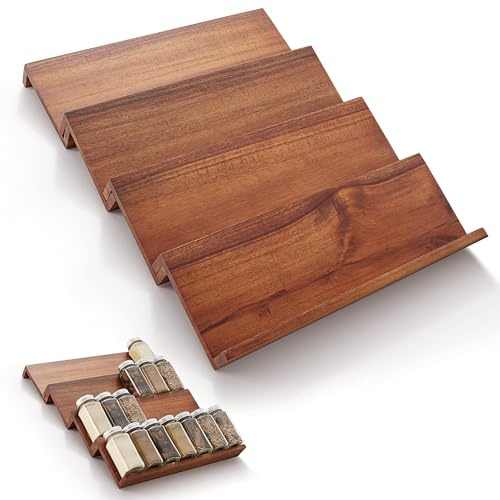Tinamo Akazien-Gewürzregal für Schublade – Holztablett Gewürzregale Organizer für Schrank Lagerregal – 4-stöckiges Gewürzregal für Schublade (Akazienholz, 4er-Packung)