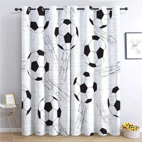 Blackout Curtains 46W x 54H x 2 Panels Cartoon Gray And White Football Sport Polyester Soft Eyelet Window Curtains Thermal Insulated soundproof for Living Room Bedroom Drapes, White and Black Design