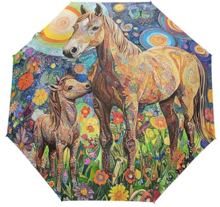 GAIREG Spring Regenschirm mit Pferd und Fohlen, Reise-Regenschirm für Regen, klein, kompakt, tragbar, faltbar, automatisches Öffnen