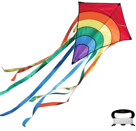 XoeLLe Regenbogen-Einleiner Flugdrachen,Drachen für Kinder und Erwachsene,Bunter Taschendrachen mit Langem Schwanz,Outdoor -Spielzeug Ab 3 Jahre - 40x12cm - Inkl 80m Drachenschnur (Roter Regenbogen)