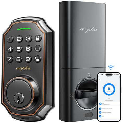 Arpha Keyless Entry Door Lock, WiFi Smart Keypad Front Door Deadbolt, Supports Amazon Alexa Voice Control, Google Assistant, Online App Control, Anti-Peeping Password, One-Time Code, Auto Lock