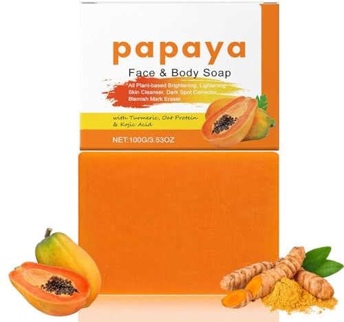 Papaya Turmeric Soap Bar for Body & Face - Handmade Soap Bar for Dark Spots - Reduce Acne, Cleanse Scars, & Even Skin Tone - Natural Papaya Soap with Turmeric, Kojic Acid & Essential Oils