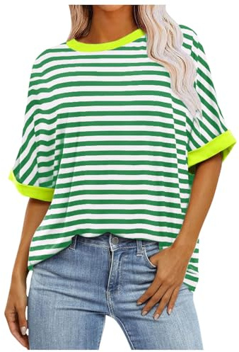2025 Mujeres Verano Casual Cuello Redondo Suelto Camiseta Moda Rayas Gradiente Impreso Puños Manga Corta Camiseta Top Blusa Brillante, verde, XL