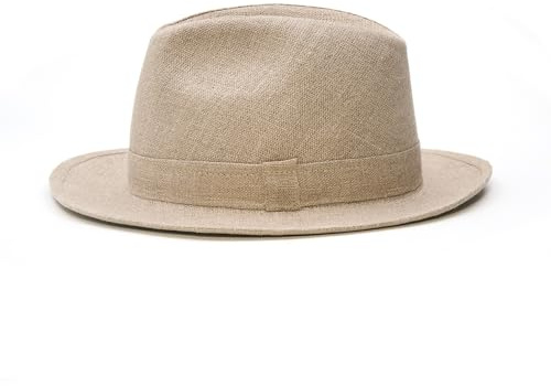 Sterkowski Model Solano | 100% Leinen Super Leichte Fedora Hut für Herren und Damen | Sonnen Frühling Strand Festival Outdoor Modish Stilvolle Sommerhut Atmungsaktiv breit Krempe Beige 62
