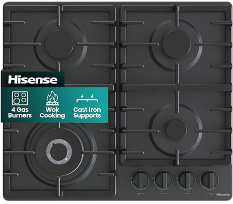 Hisense GM663BHF Piano Cottura a Gas, 4 Zone di Cottura, Larghezza 60 cm, Bruciatore Wok Doppia Corona e Griglie in Ghisa, Accensione Integrata, Nero