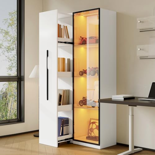 Glasvitrine Bücherschrank mit LED-Beleuchtung 70 x 40 x 160 cm, Vitrine mit verschiebbarem Bücherregal, Sammlervitrine/Vitrinenschrank ,Mehrzweckschrank für Arbeitszimmer, Küche, Bad ,Wohnzimmer (2)