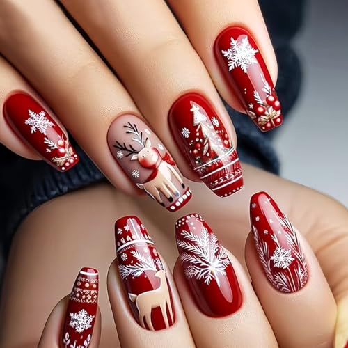 24 Stück Weihnachten Künstliche Nägel Mittel Coffin - Roter French Press on Nails mit Rentier, Weihnachtsbaum, Schneeflocke, Winter Holiday Fingernägel zum Aufkleben - DIY Weihnachtsnägel für Frauen
