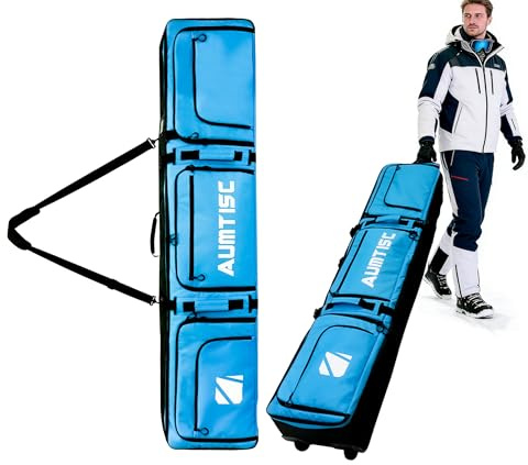 AUMTISC Bolsa de Snowboard con Ruedas, Bolsa de esquí Acolchada para Viajes aéreos para esquís de hasta 165-175 cm (Azul)