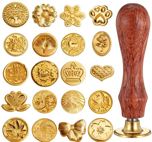 21 PCS Wax Seal Stamp, Gold Wax Seal Kit with Removable Wooden Handle, for Wedding Invitations and Gift Wrapping, Vintage Style Sealing Wax Stamp Set with 20 Design Options