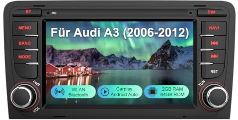 Junsun Bilradio för Audi A3 8P S3 RS3 2003–2012, Android 15-system, 2 GB RAM 64 GB minne, trådlös CarPlay & Android bil, Bluetooth, WLAN, GPS-navigering, 7 tums HD-pekskärm