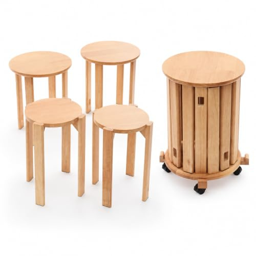 Set om 4 stapelbara träpall 36 x 54 cm, multifunktionell 4-i-1-stapall av massivt gummiträ, ca. 100 kg per pall, med 4 hjul, 2 bromsar, för vardagsrum matsal kontor (Cherry wood Color)
