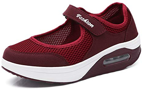 Kimily-UK sandaler dam fritidsskor loafers kilklack lätta promenadskor platåsneakers nät halkskydd fitness sneakers löparskor sommar andas espadrill kardborreband i storlek, röd, 38 EU