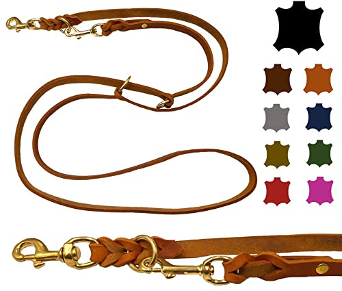 Hundeleine Fettleder Messing kleine Hunde/große Hunde 2m / 2,40m / 2,80m / 3,50m / 5m Doppelleine verstellbar (2,40m X 12mm, Cognac)